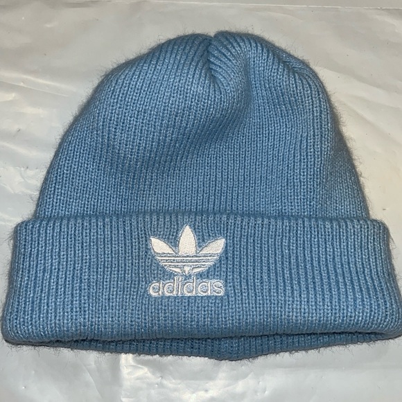 BABY BLUE KNIT Adidas Beanie HAT white TREEFOIL logo fold up knit HAT unisex OS - Picture 2 of 9